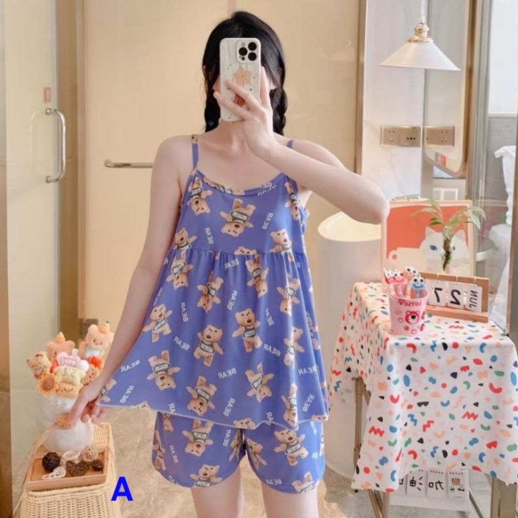 Baju Tidur Tali Satu| Celana Pendek Tangan Tali Satu| Tank Top