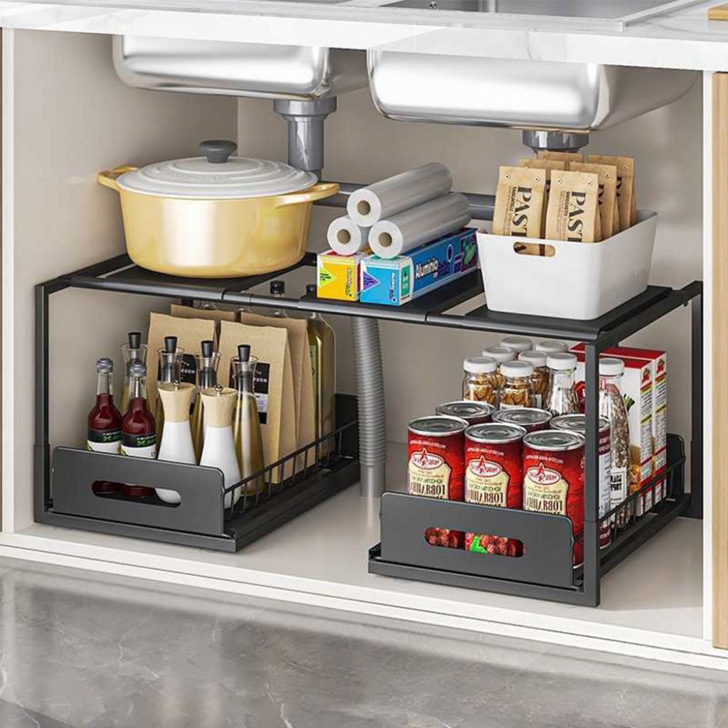 Rak Bawah Wastafel Dapur Kamar Mandi 2 Tingkat Sliding Laci Penyimpan Sabun Bumbu Multifungsi