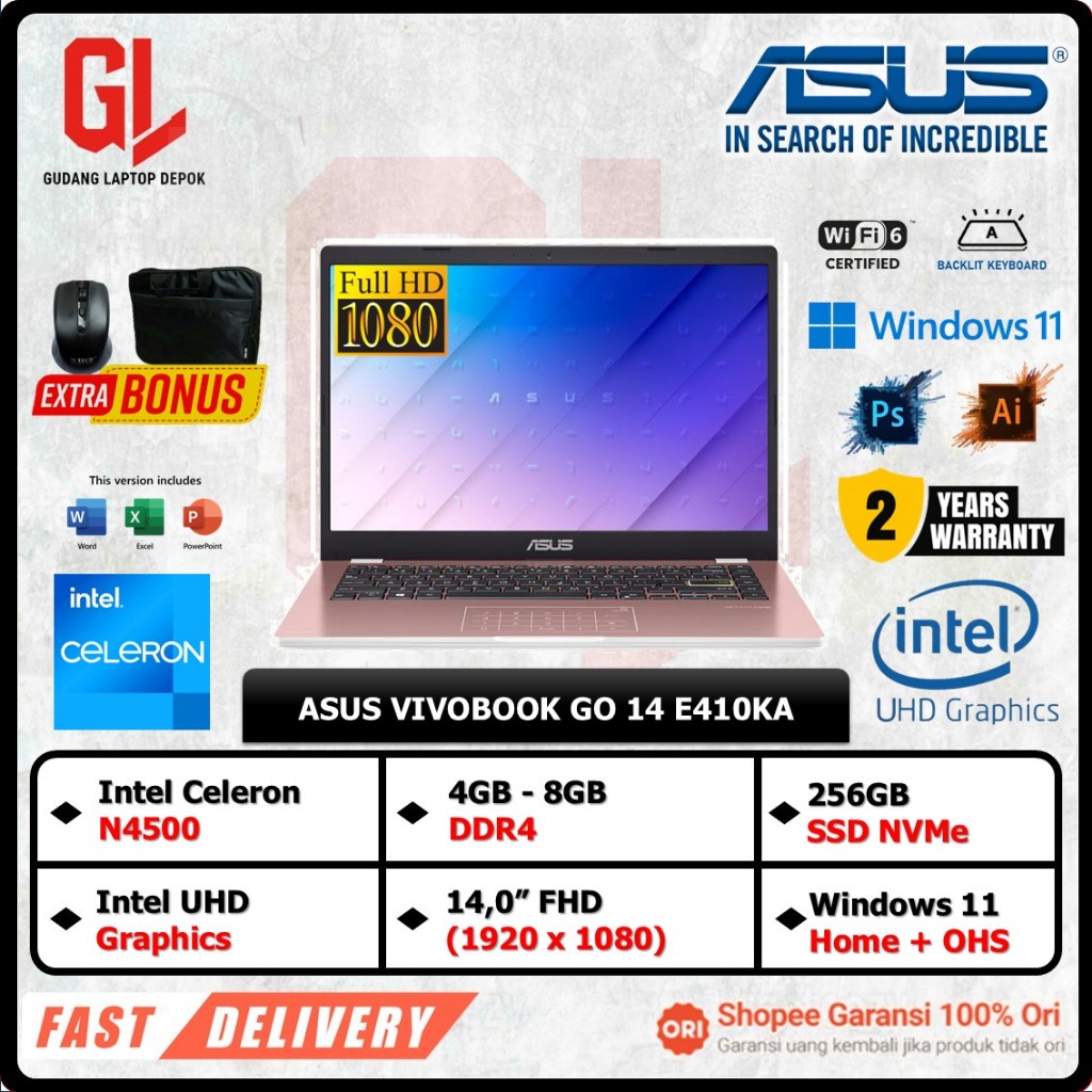Laptop Asus Vivobook GO 14 E410KA FHD4823MA Intel N4500 8GB 256GB FHD Windows 11 Home OHS Rose Pink