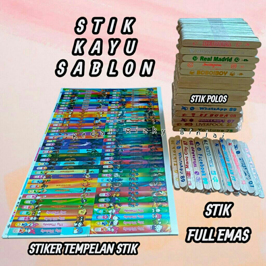 Stik Kayu Logo Sablon Permanen Stik Kilat Full Emas Mainan Anak 50 Stik / Stik Es Krim Gambar Karakt