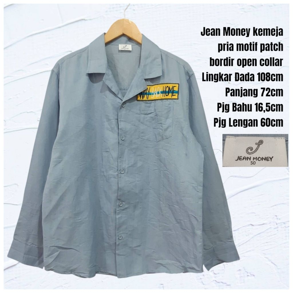 Jean Money kemeja pria motif patch bordir open collar