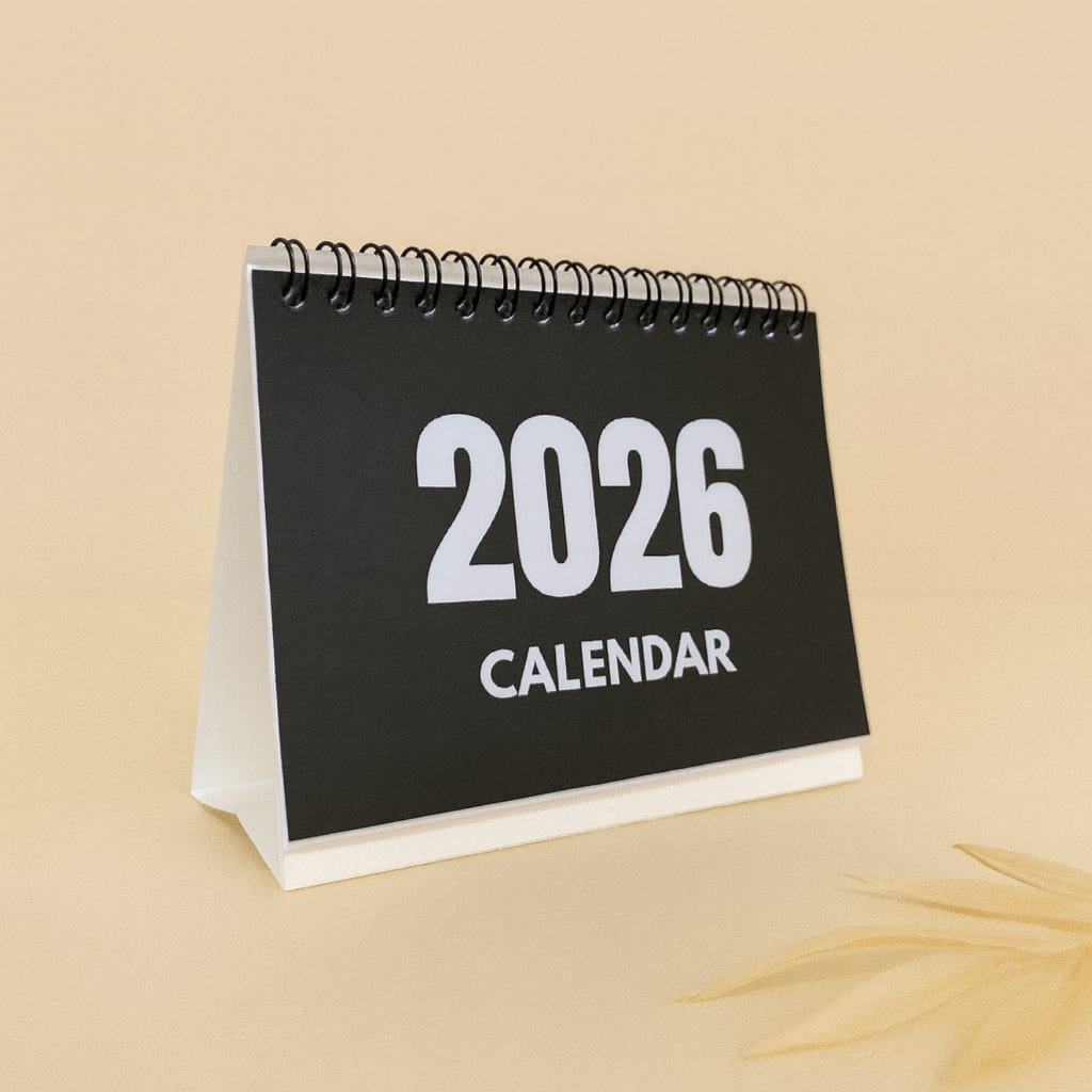 

[NEW] Kalender Meja 2026 A6 Landscape Warna Hitam Putih Custom Cover