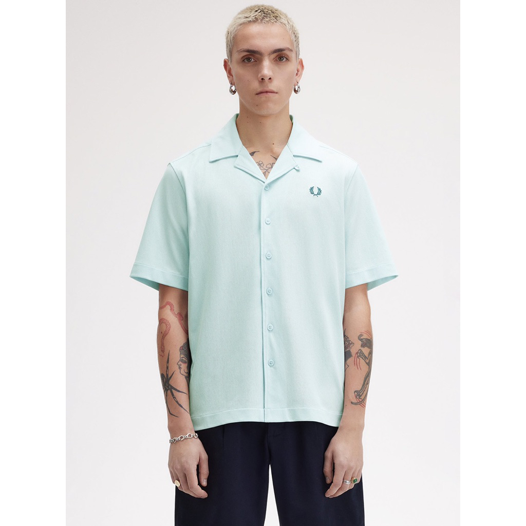 Fred Perry M7820 R30 Woven Mesh Rever Collar Shirt In Light Ice