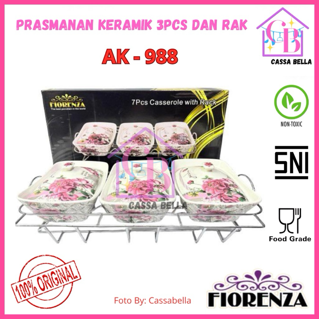 Prasmanan Set Segi Isi 3 + Tutup + Rak AK 988 N Motif Kembang / Prasmanan Keramik FIORENZA / FIORENZ