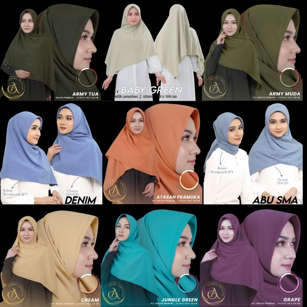 Hijab segi empat wolfis premium warna ARMY TUA, BABY GREEN, ARMY MUDA, DENIM, ATASAN PRAMUKA, ABU SM