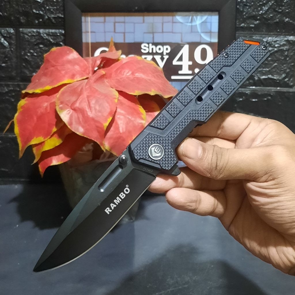 Pisau Survival Lipat Outdoor Rambo CM131 Hitam Ergonomis / Tactical Knife / Survival Kit