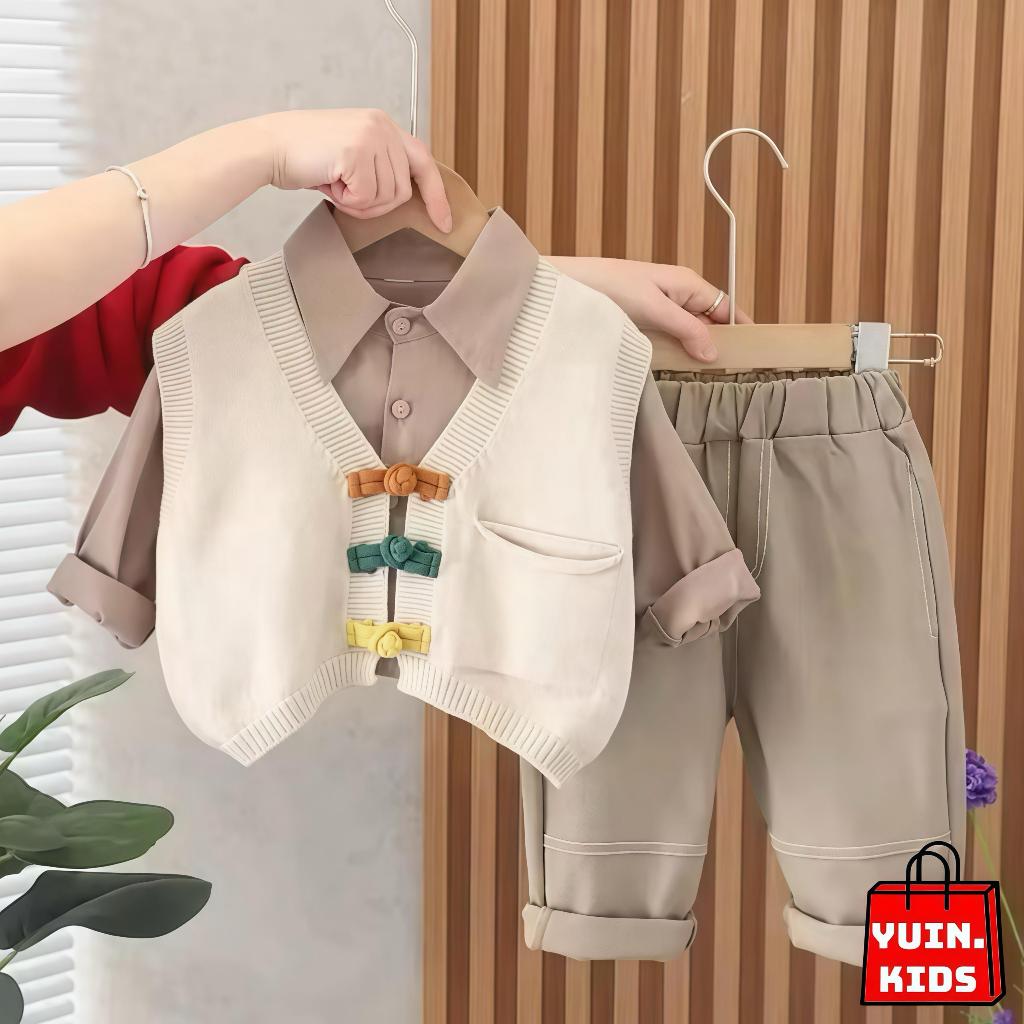 Setelan Rajut Anak Laki-laki 1-5 Tahun Kemeja Rompi Rajut Dan Celana Panjang Kekinian Bermotif