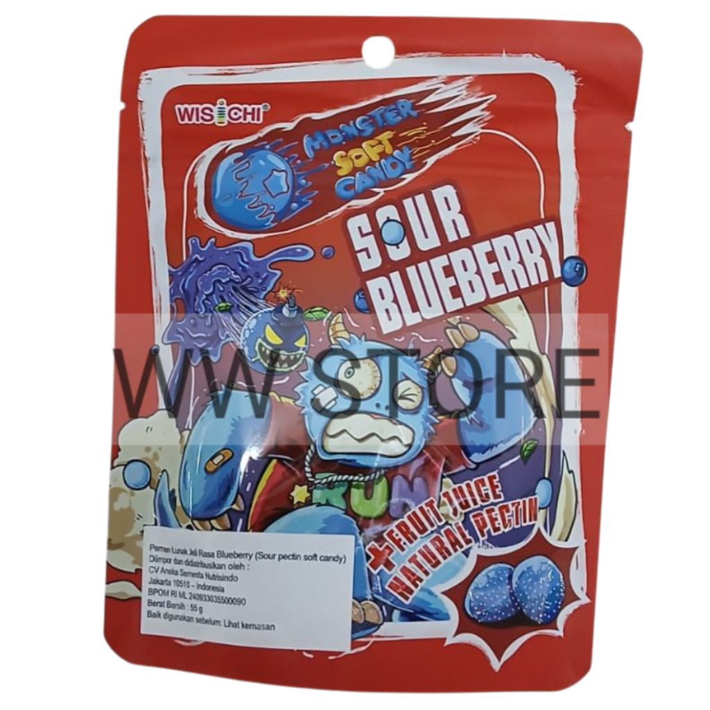 

Permen lunak jeli rasa buah bluberi halal MUI WISCHI SOUR Pectin BLUEBERRY Monster SOFT CANDY 55g
