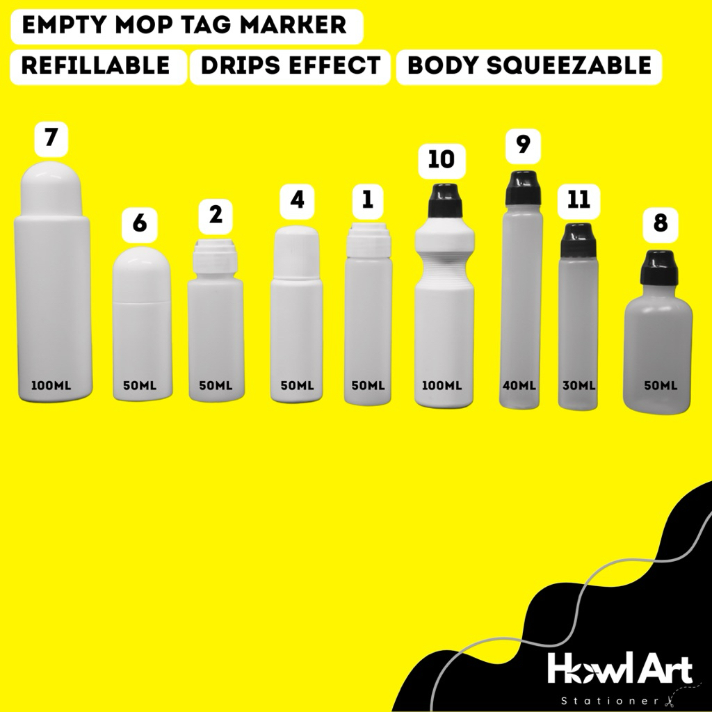 

Empty Mop Marker Refillable 30ml 40ml 50ml 100ml Squeezable Spidol Kosong Graffiti