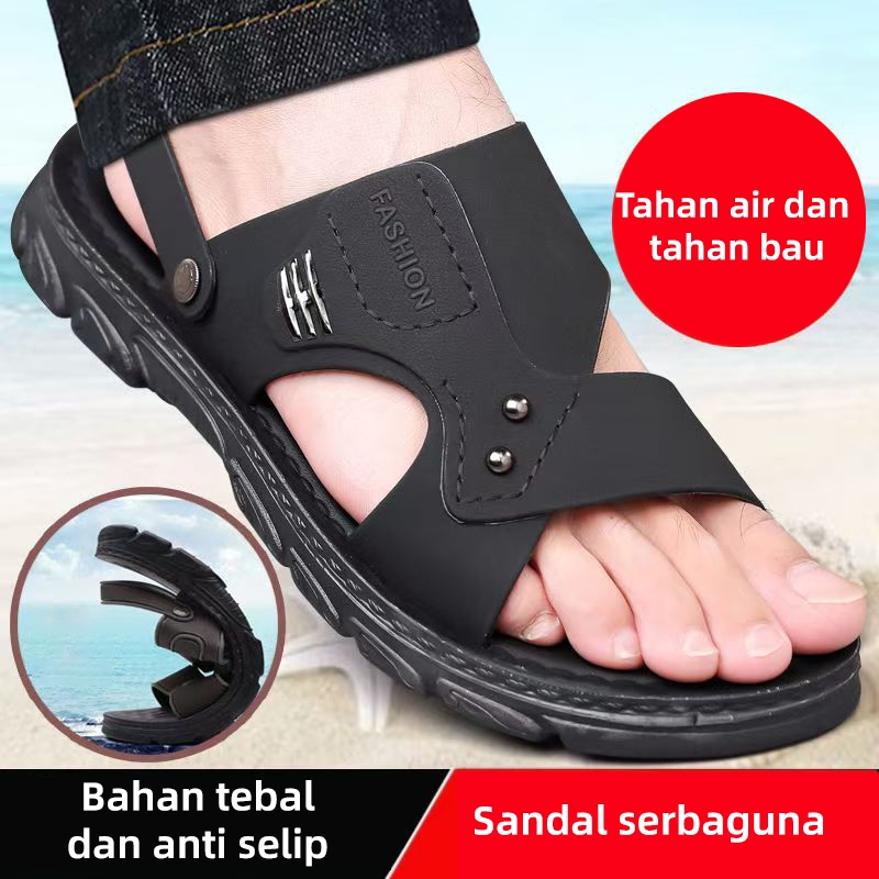Sandal Kulit Pria Kulit Asli Anti-selip Sepatu Pria Sandal Rumah Sepatu Pantai Ber sol Tebal untuk A