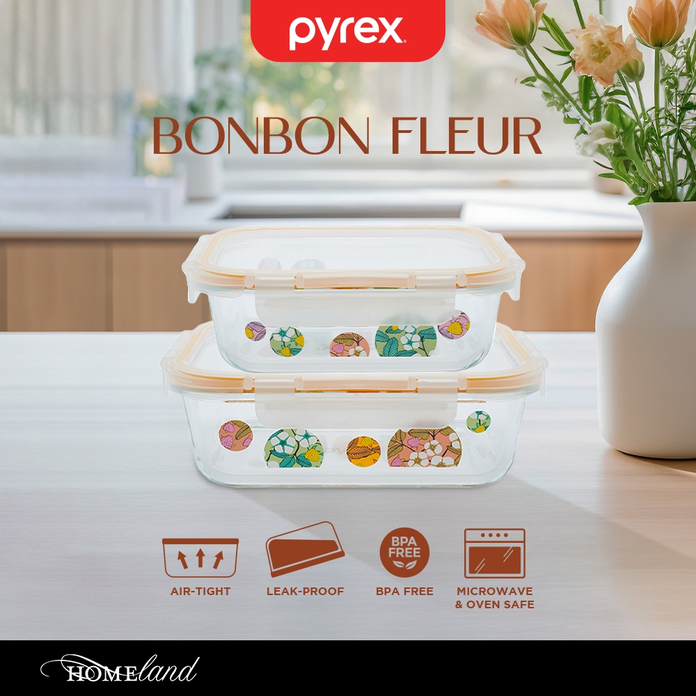 PYREX Bonbon Fleur Set Storage Kaca 2pcs / Kotak Makan & Toples Kedap Udara Microwave Safe BPA Free 