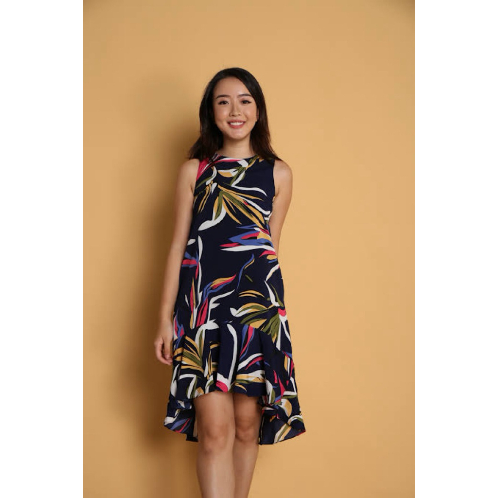 𝙋𝙍𝙀𝙇𝙊𝙑𝙀𝘿 All Would Envy AWE Navy Blue Abstract Print Sleeveless Midi Ruffle Dress Fashion Wanita Bra