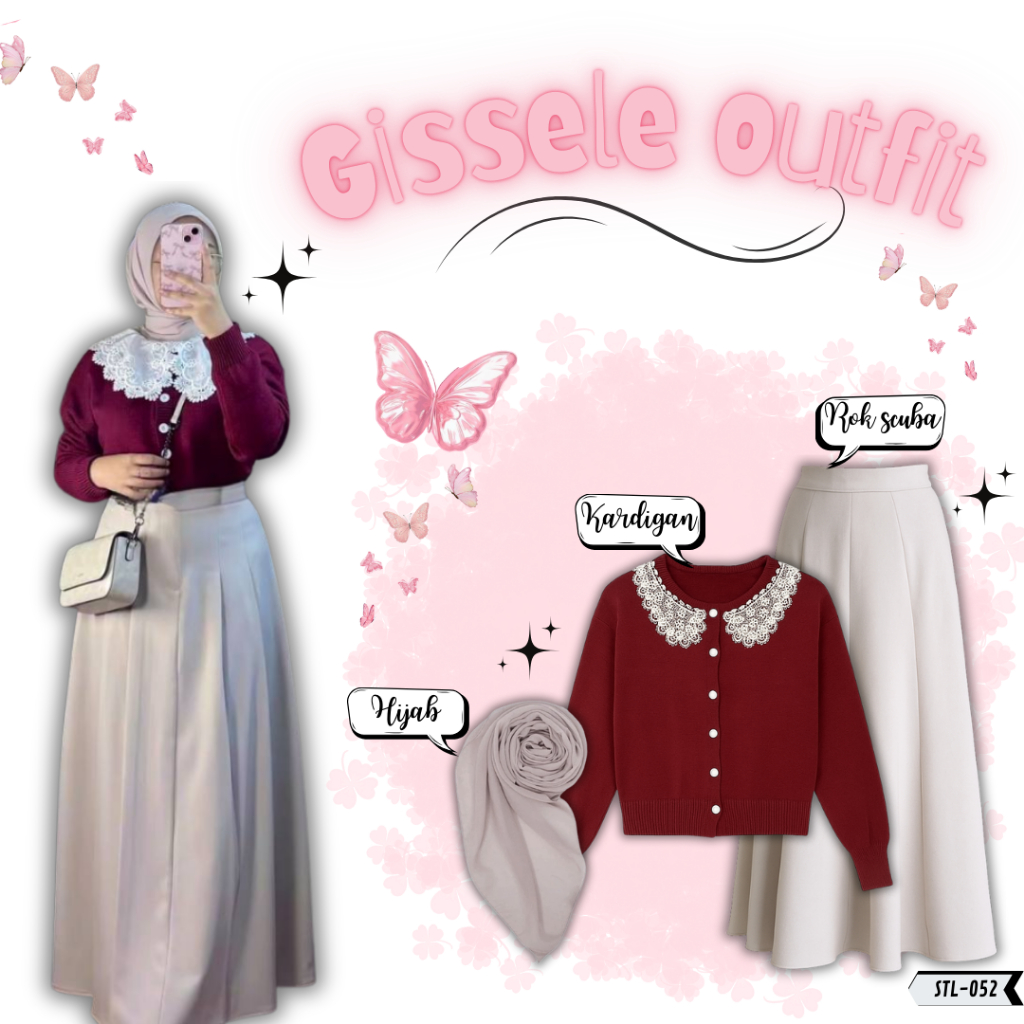 Set Korean Style Outfit Giselle STL-052 [Rok Scuba | Kardigan Rajut  Renda  | Hijab Bellasquare] One