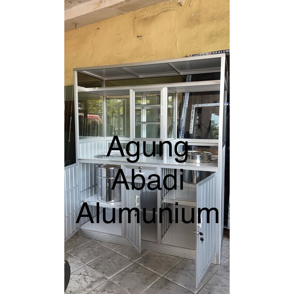 etalase gerobak dagang alumunium bakso / mie 150cm 2 lubang dandang