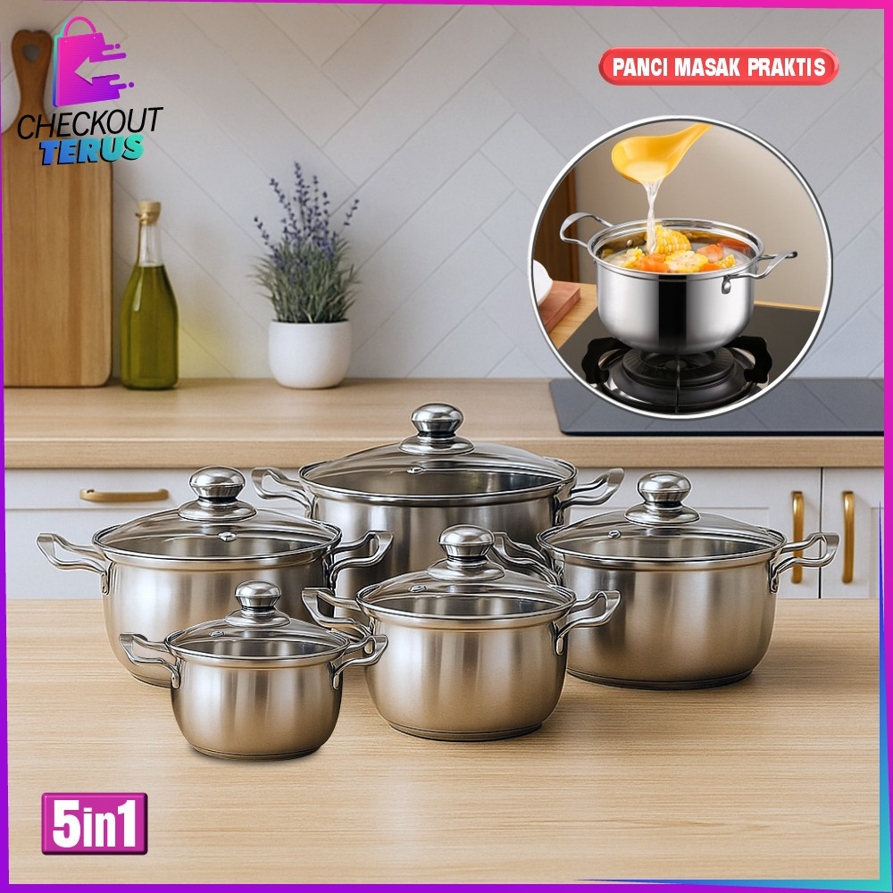 CT C1339 Set Panci 5IN1 Stainless Steel Gaya Korean Panci Rebus Sup High Quality / Panci Sop Pot Tut
