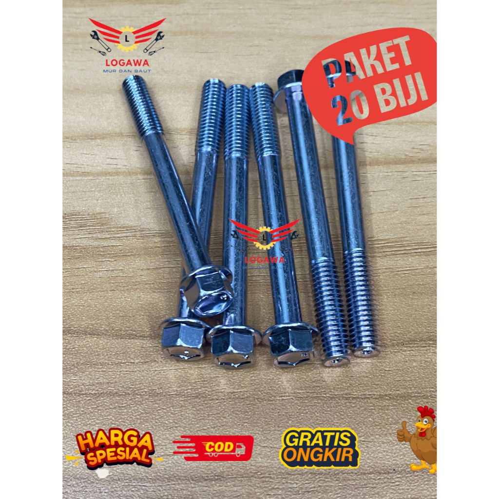 Baut CVT M6x70 / Baut Blok Mesin M6x70 / Baut Flange Bolt M6x70 Kunci 8 [20 BIJI]