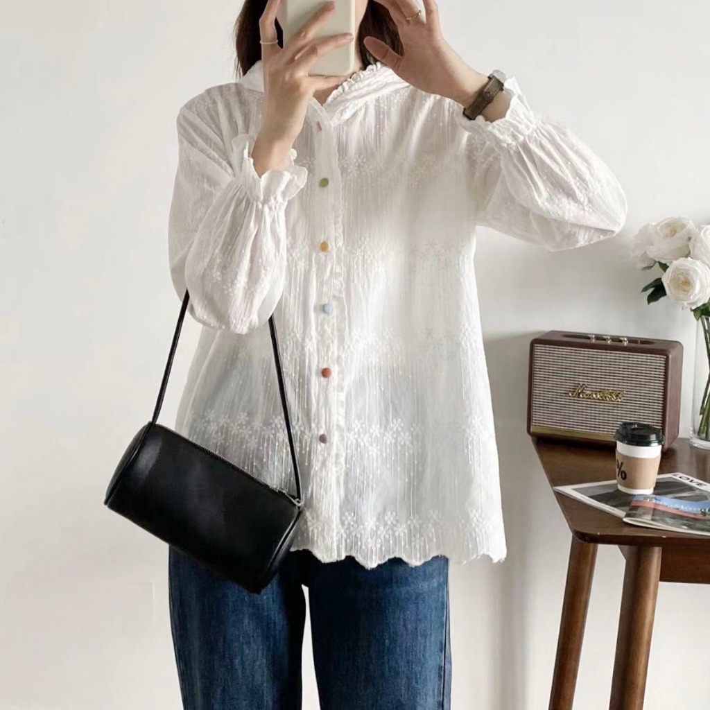 BLUS OUTER HOODIE KATUN BRUKAT PUTIH BORDIR KOREA IMPORT