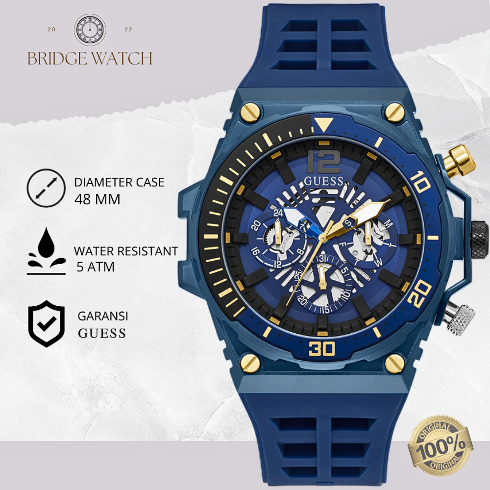 Jam Tangan Pria Guess GW0443G1 Gents Chronograph Blue Rubber Strap Biru Navy Case Sport Original