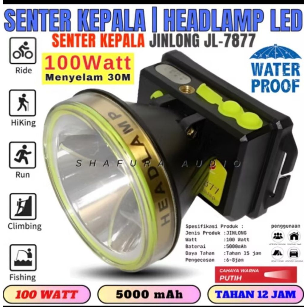 Senter Kepala Selam JINLONG JL-7877 100 Watt Cahaya Putih  Lampu LED Baterai 5000mAh Tahan Sampai 12