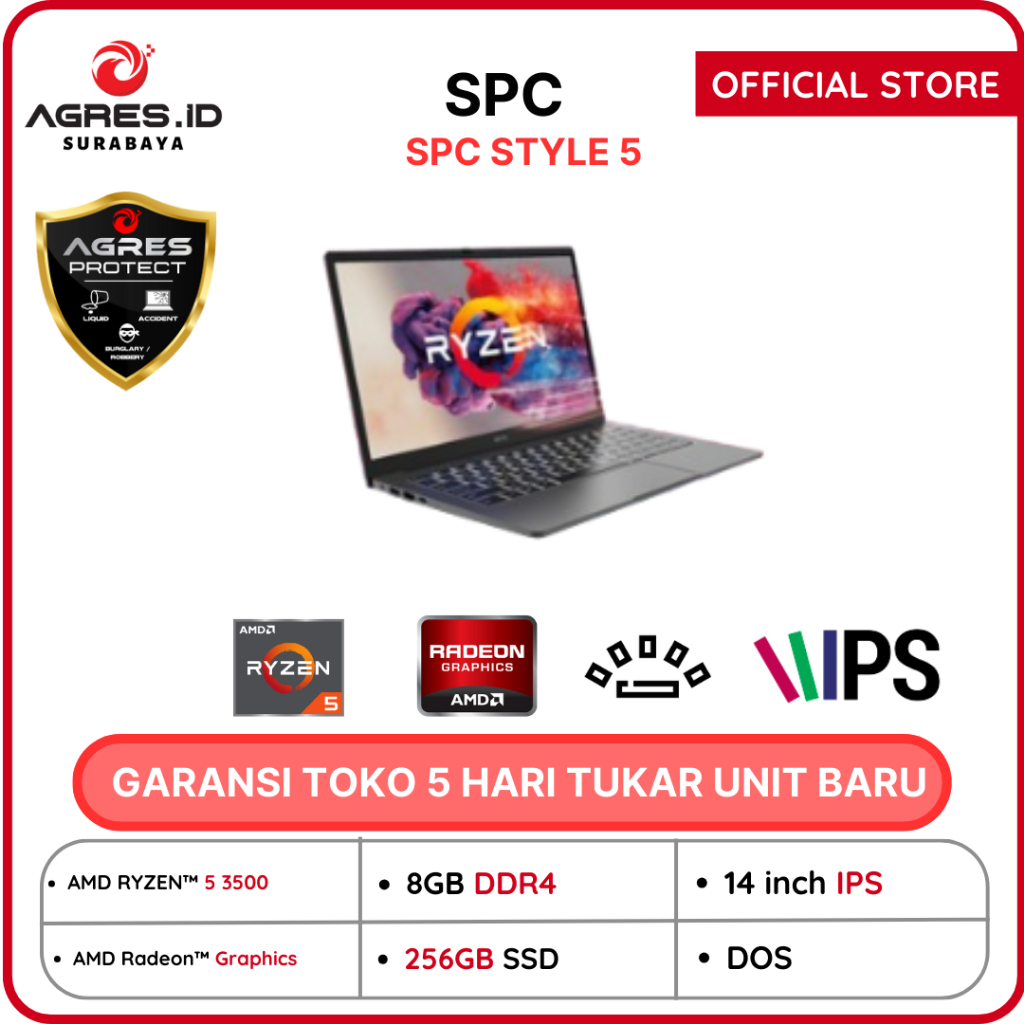 Laptop Ryzen 5 SPC Style 5 AMD Ryzen 5 3500 8GB 256GB SSD 14FHD IPS Backlit Keyboard