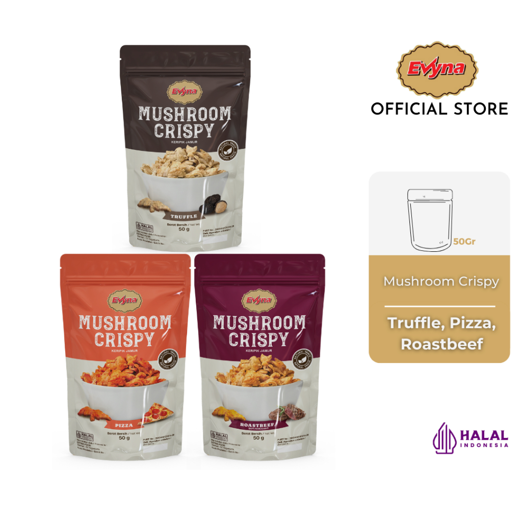 

Evyna Mushroom Crispy Keripik Jamur Paket 3 Rasa 50 gram