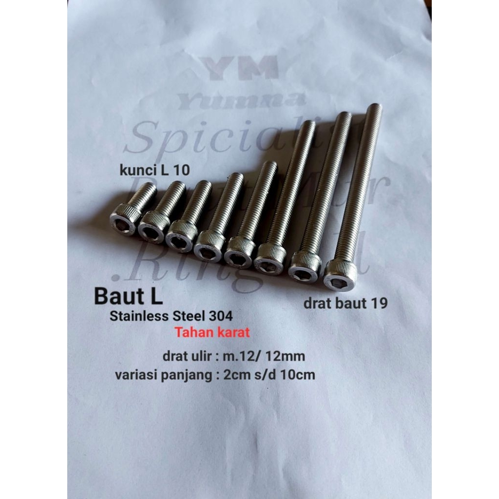 Baut L Stainless 304/ DRAT BAUT 19 / M.12 ( Panjang 2cm s/d 10cm )P.1,75