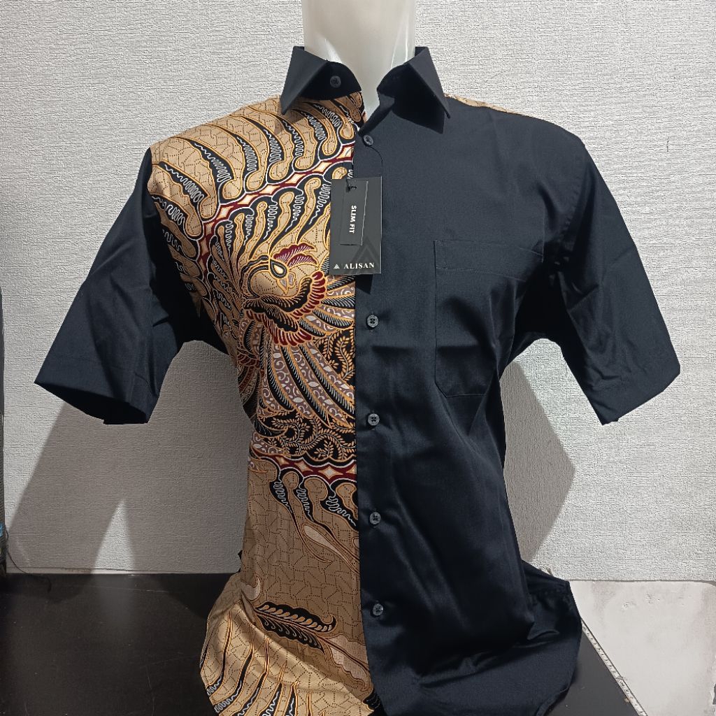 LENGAN PENDEK SLIMFIT ALISAN Polos Kombinasi Batik TwoFace Coklat/Hijau
