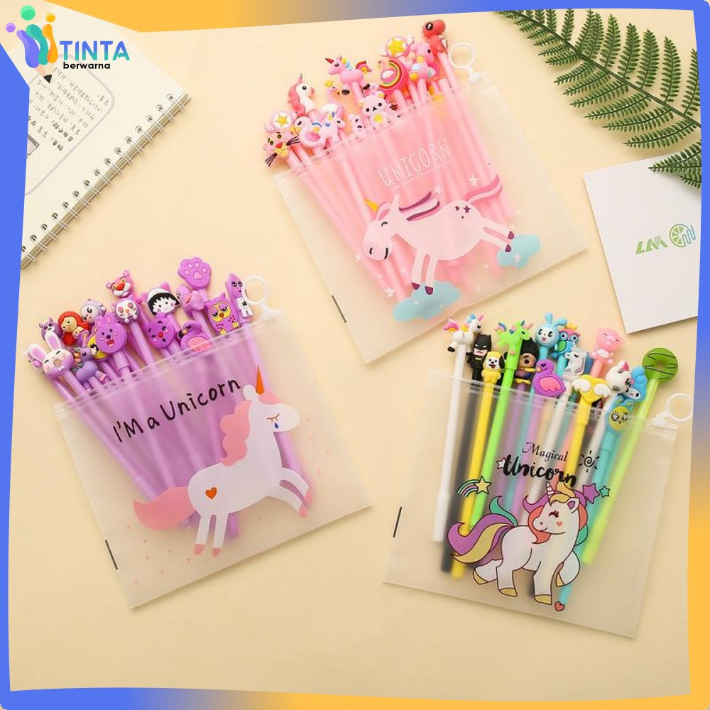 

Pena FREE Zipper Pouch Tempat Pensil Transparan Pulpen Gel Karakter Lucu Set Isi 20PCS Tinta Berwarna A15