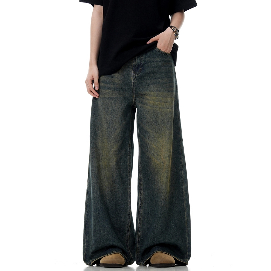 Celana Jeans Proses Celup Lumpur Vintage Korean - Tekstur Garis Kucing Kekinian, Cut Lurus Baggy Lon