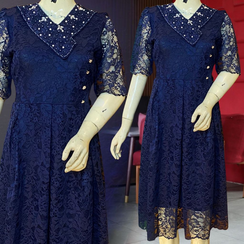 ARETHA - Dress Brokat Payetan Mewah Seragaman Natal - DRESS Kerah V Model - DRESS NATALAN