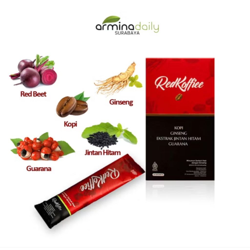 

Original Red Koffiee Kopi Merah Armina Dayli Menambah Stamina 1 box isi 10 Sachett