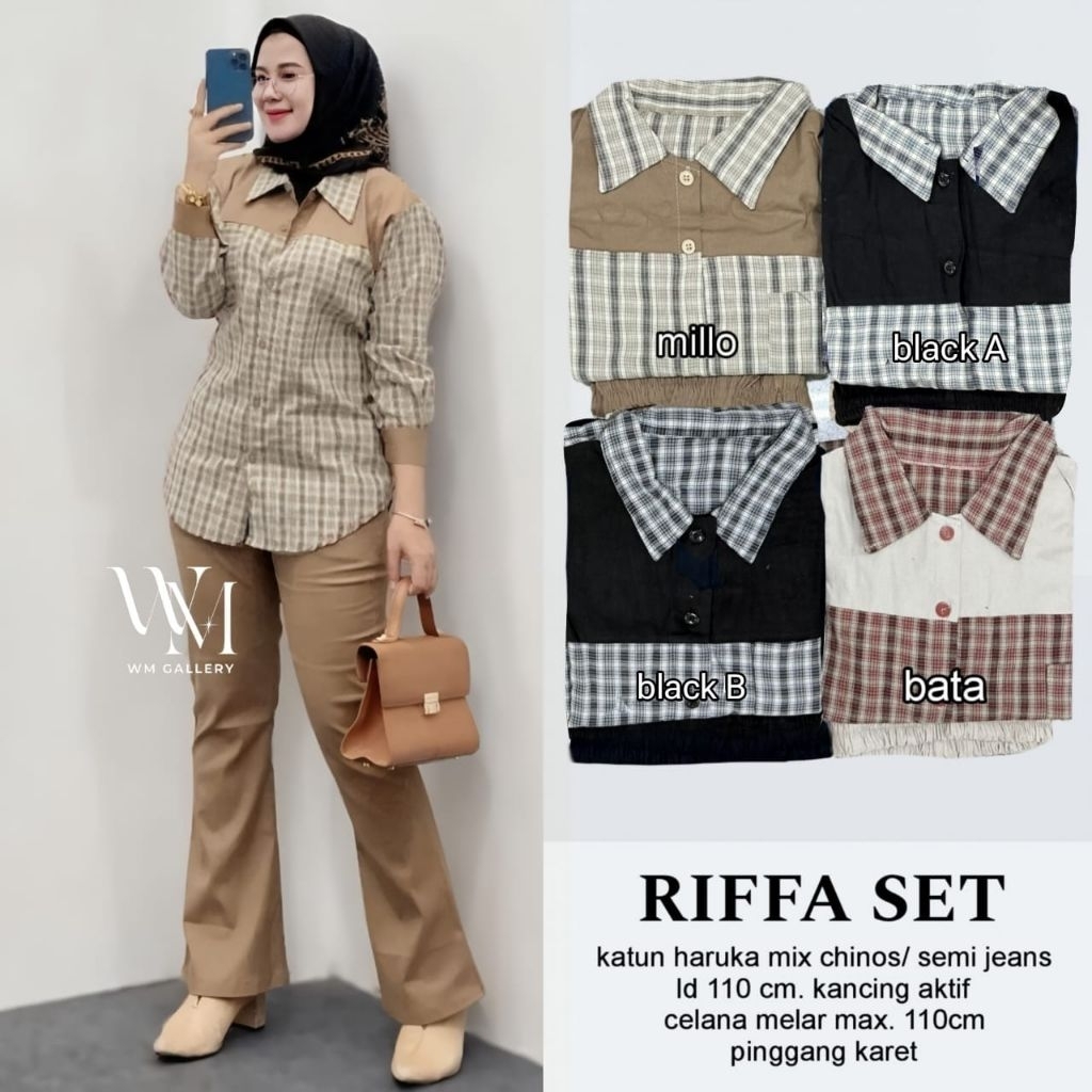 riffa one set pants ori w&w baju setelan wanita kekinian kemeja flanel wanita kemeja kotak kotak wan