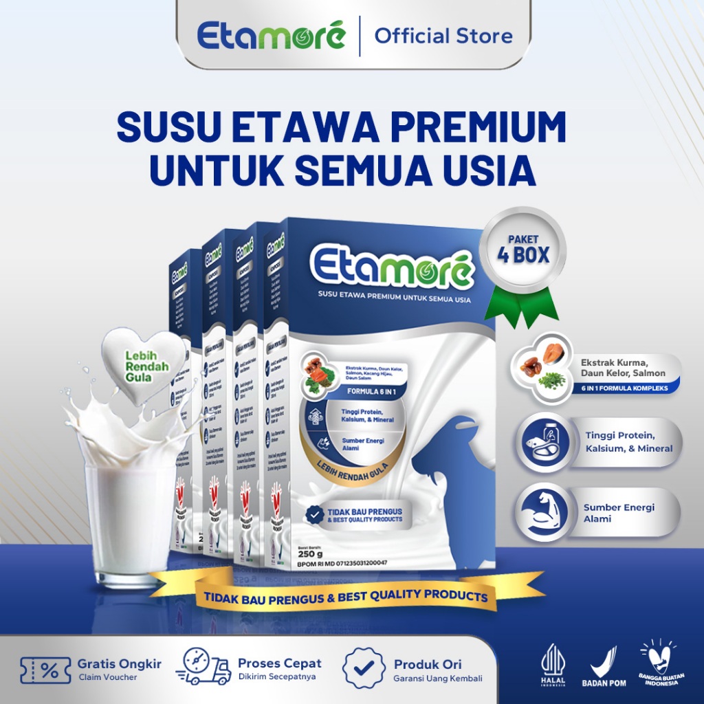 

Etamore 4 Box - Susu Kambing Etawa - Etawa Goat Milk Rendah Gula Mengandung Daun Kelor Salmon Kurma Mengatasi Asam Urat Nyeri Sendi Pegal Linu dan Pernafasan