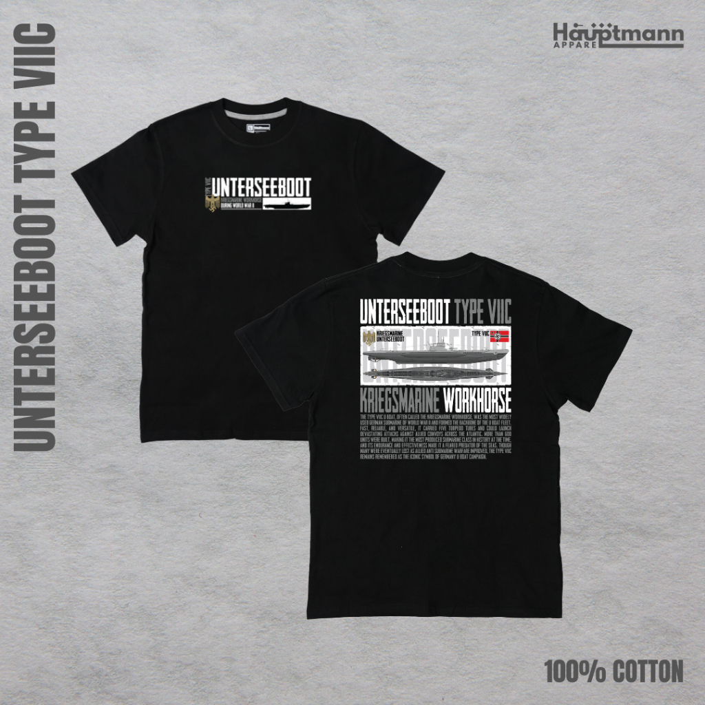 Hauptmann T-Shirt/Kaos Unterseeboot U-Boat Type VIIC  Jerman - Hitam