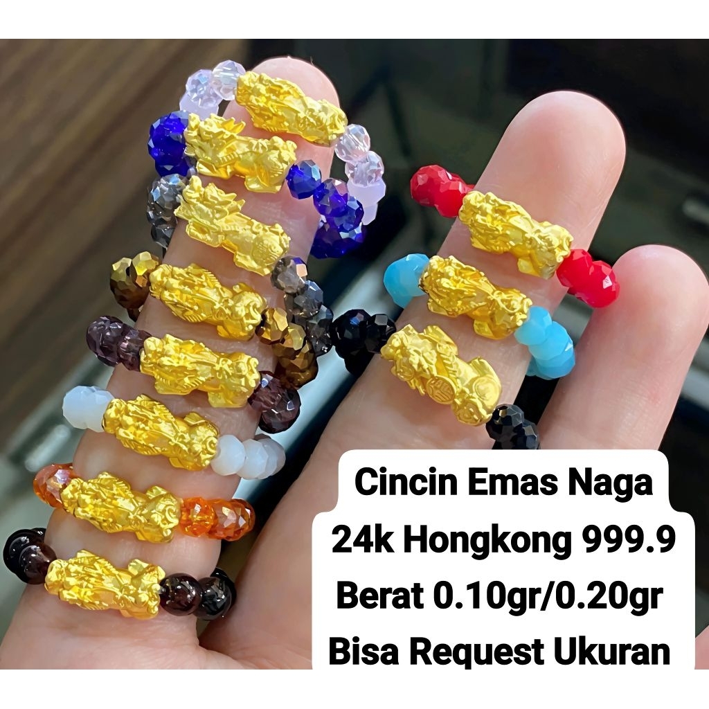 Cincin Emas Asli Naga Pixue 24K Hongkong 999% Tali Batu