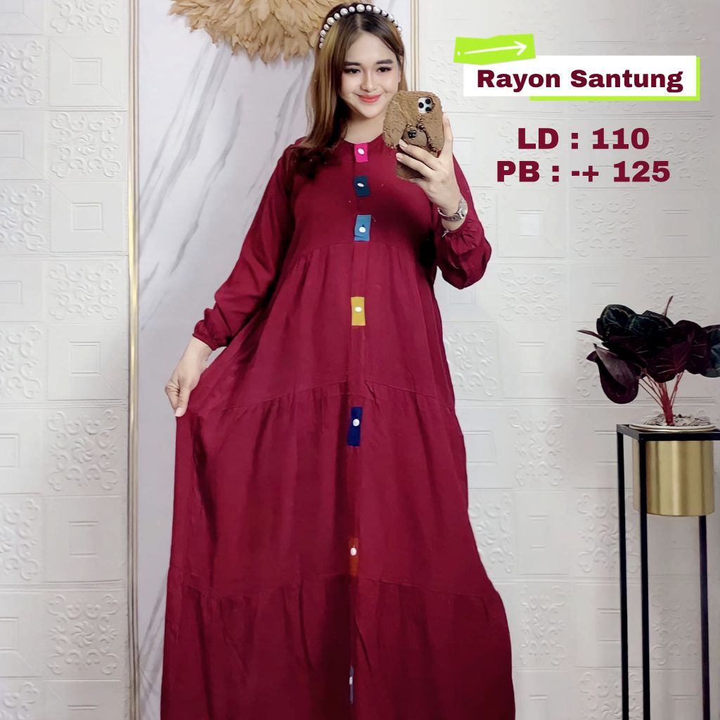 Midi Dress Susun Full Kancing Gamis Pelangi Glessa Rayon Santung Polos