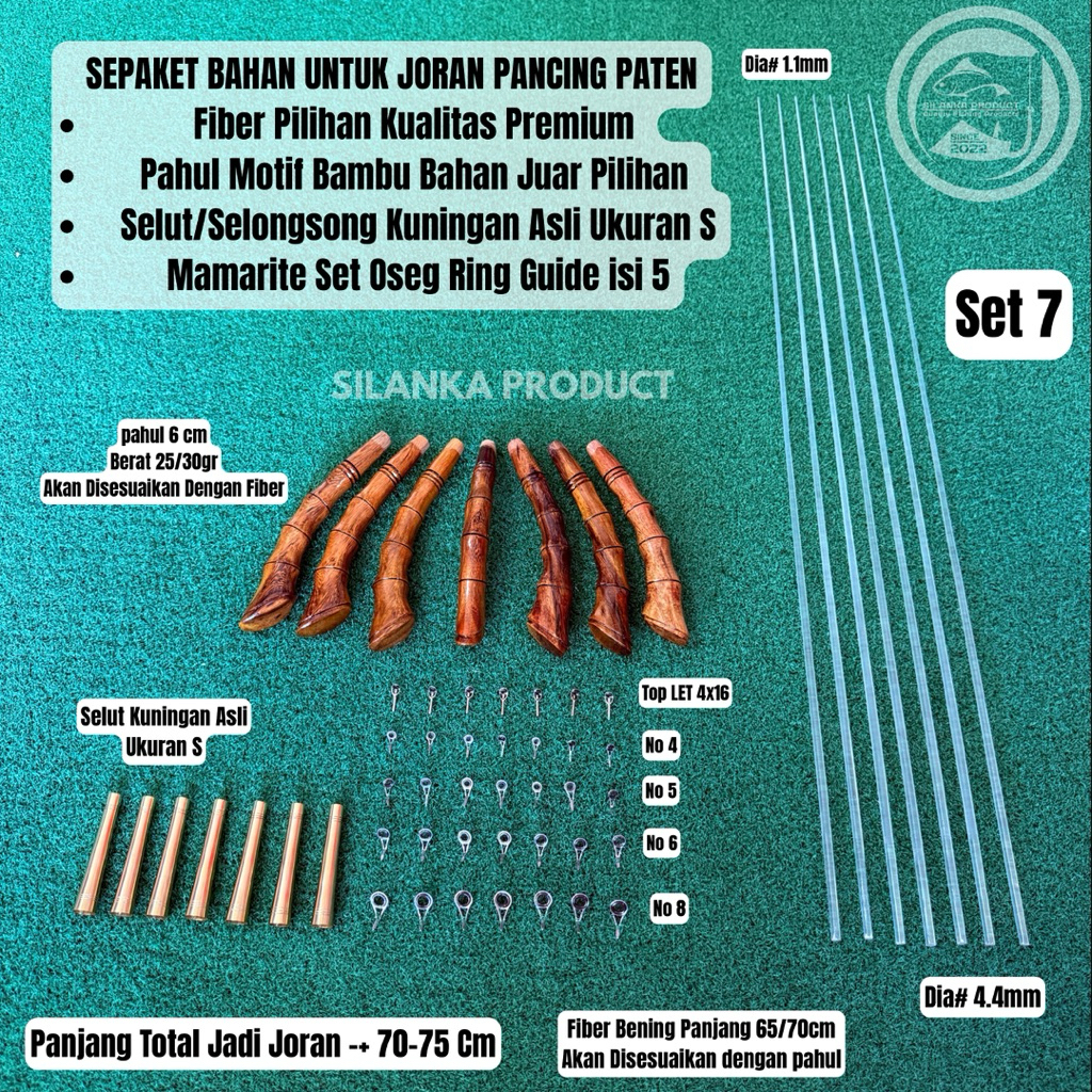 Sepaket Bahan Joran Pancing Paten Selut kuningan asli, Pahul Bahan Kayu Juar U/Jerpon 70-75cm fiber 