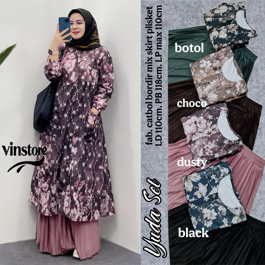 Yuda Set Gamis Bunga Bordir + Rok Plisket | Setelan Muslimah Modern