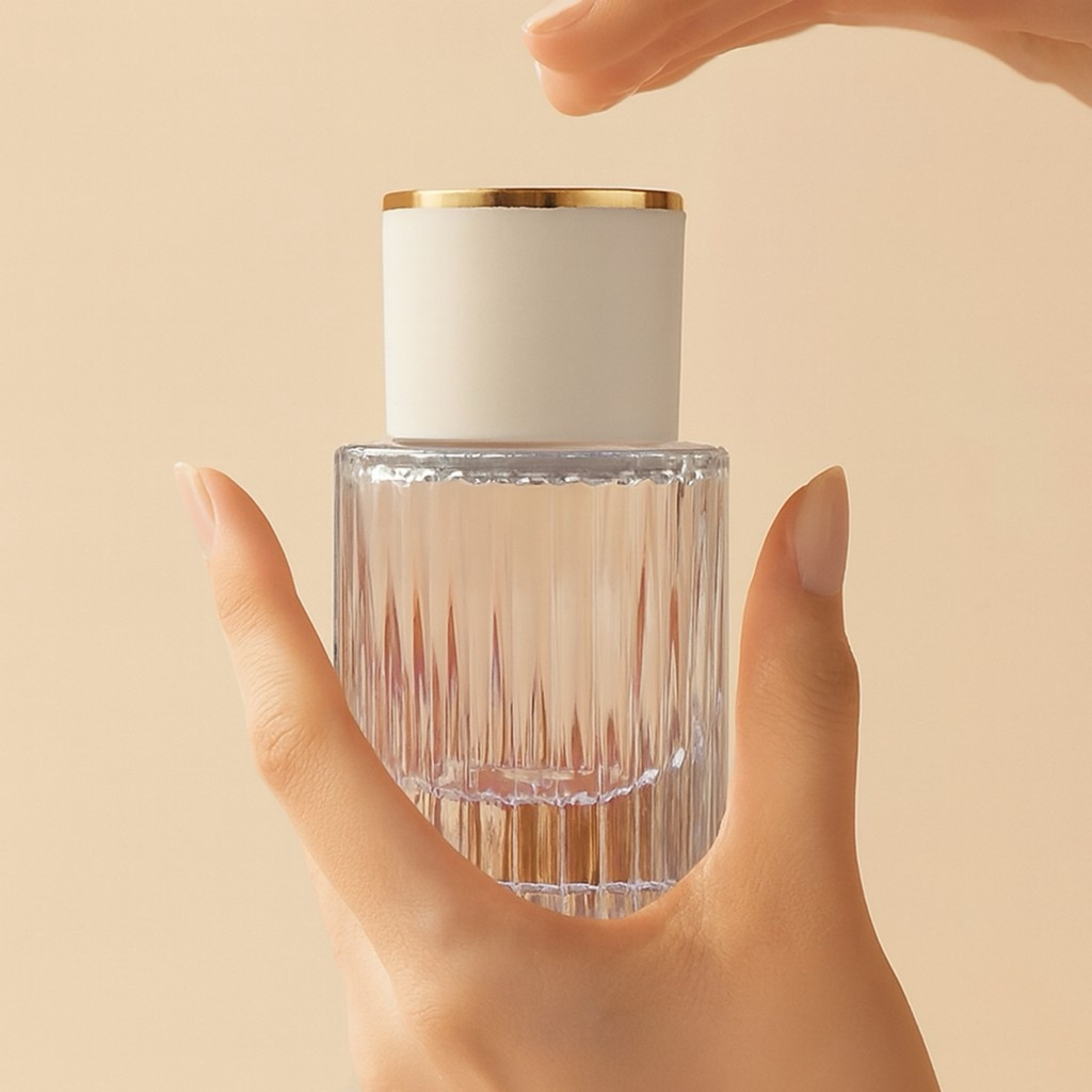 Botol Parfum Kaca 30ml Model Chloe Tutup Putih Garis Emas – Botol Kosong Spray Isi Ulang