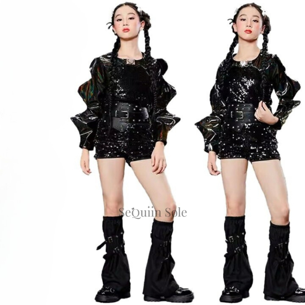 Sequiin Sole Sequin Set Kids Dance Costume/Set Baju Dance Anak Hip Hop/Kpop Black