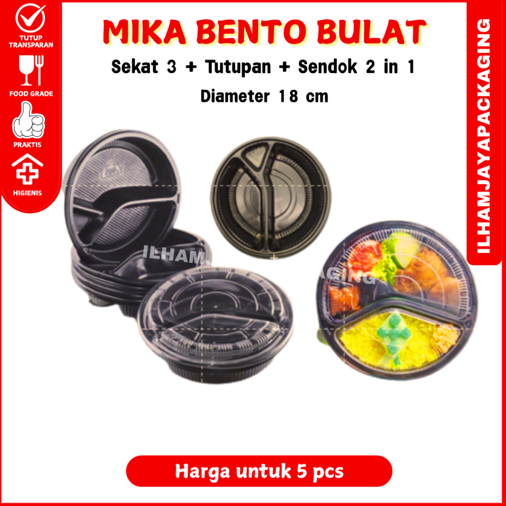 Mika Bento Bulat 5pcs Diameter 18cm/Mika Bento Bulat Sekat 3 + Tutupan + Sendok 2 in 1/Bento Sekat 3