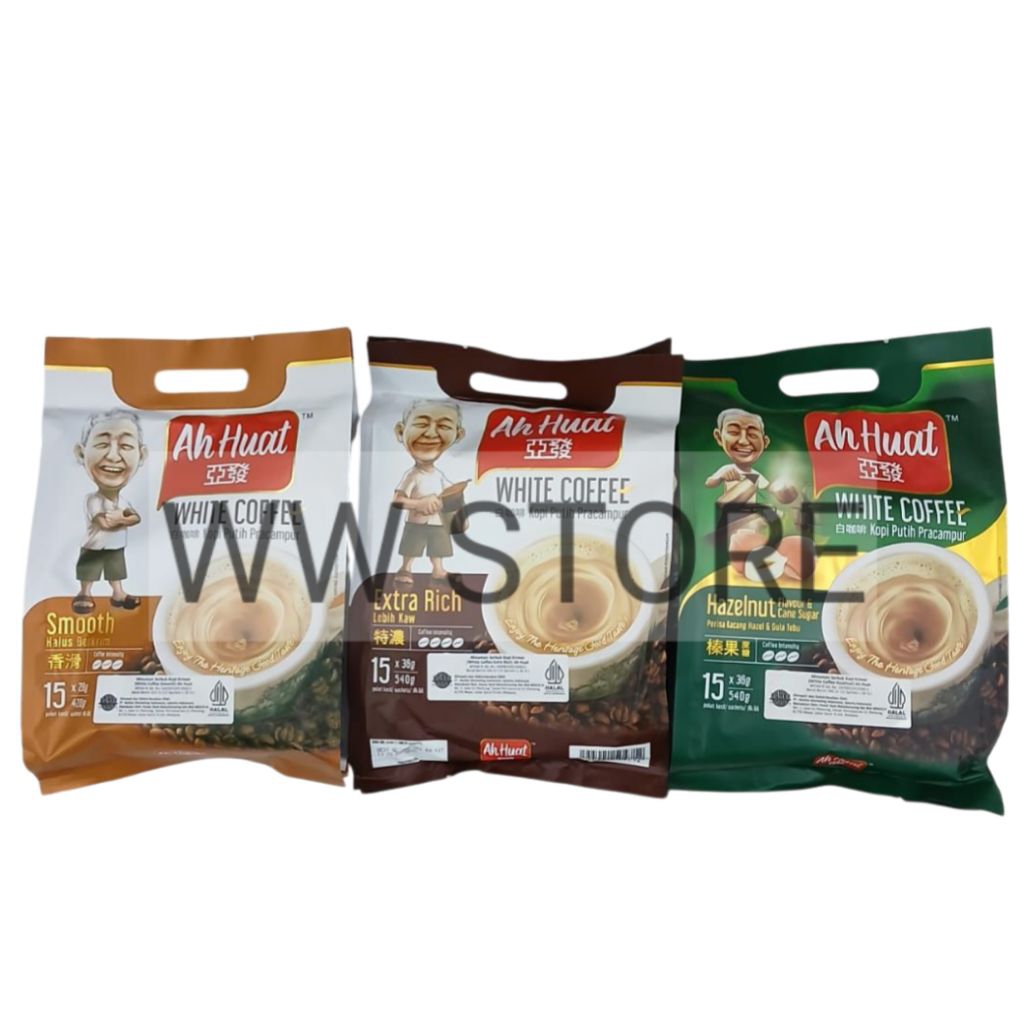

Minuman serbuk kopi putih krimer pracampur HALUS BERKRIM / LEBIH KAW / KACANG HAZEL & GULA TEBU halal MUI Ah Huat AhHuat Smooth 420g Extra Rich Hazelnut Flavour & Cane Sugar 540g WHITE COFFEE isi 15 sachet sachets