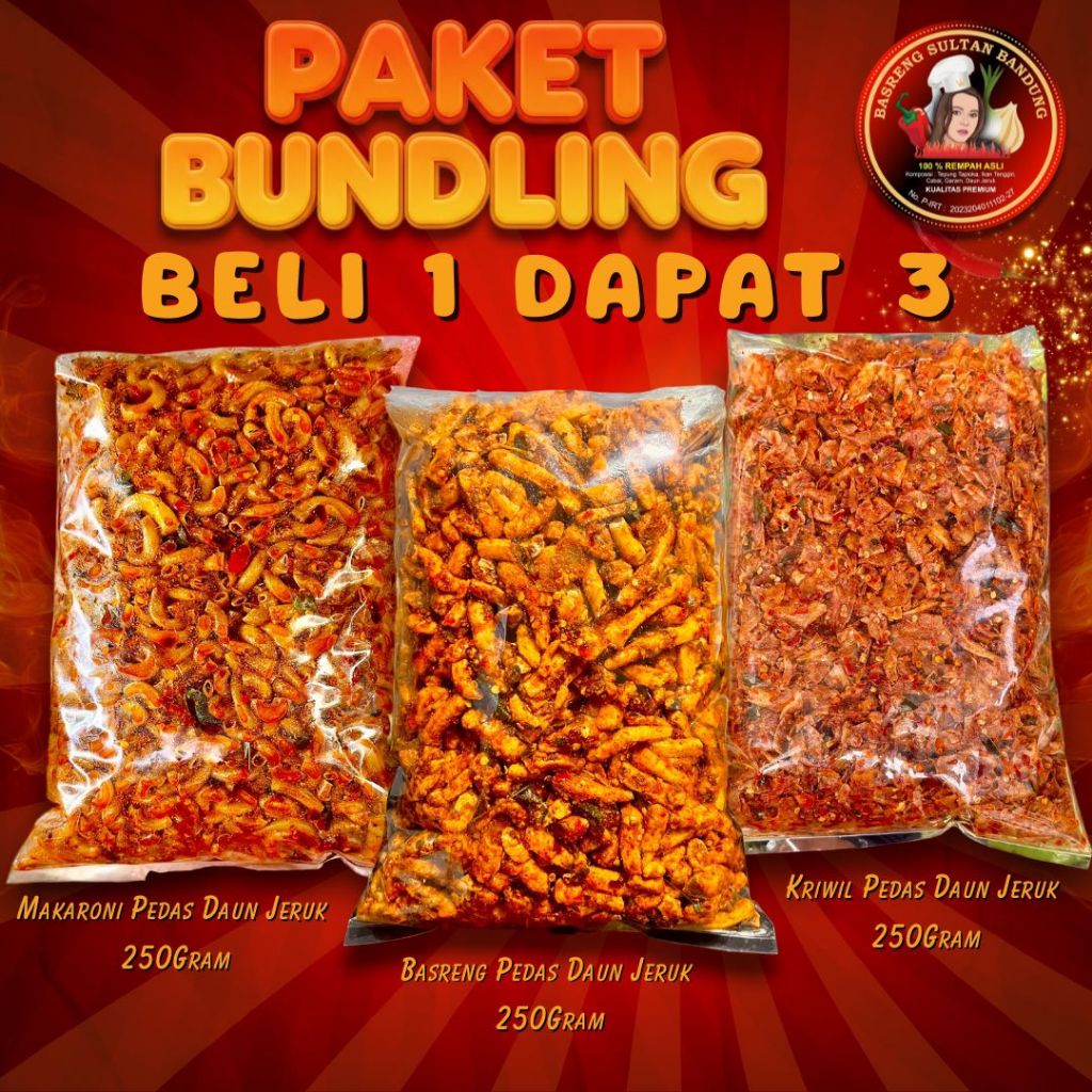 

BUNDLING 3 ( MAKARONI 250GR + BASRENG PEDAS 250GR + KRIWIL PEDAS 250GR )