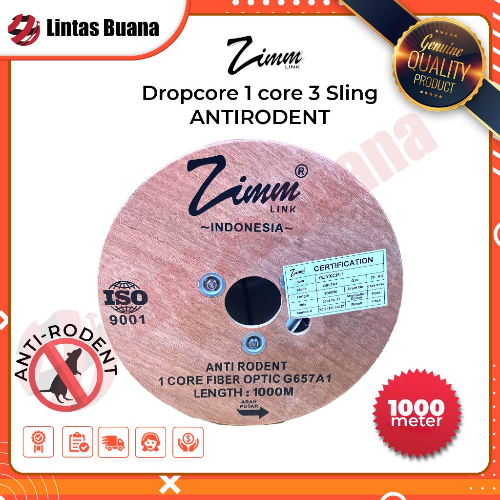 Kabel Dropcore 1 Core 1000 Meter ANTI RODENT Kabel Fiber Optik 1000m FTTH Zimmlink ANTIRODENT steel 