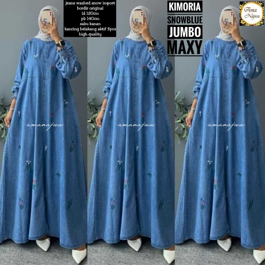 Ama Najwa Gamis Wanita Muslim Super Jumbo Bahan Jeans Original Ld 120-140cm Kualitas Hq / Kimoria
