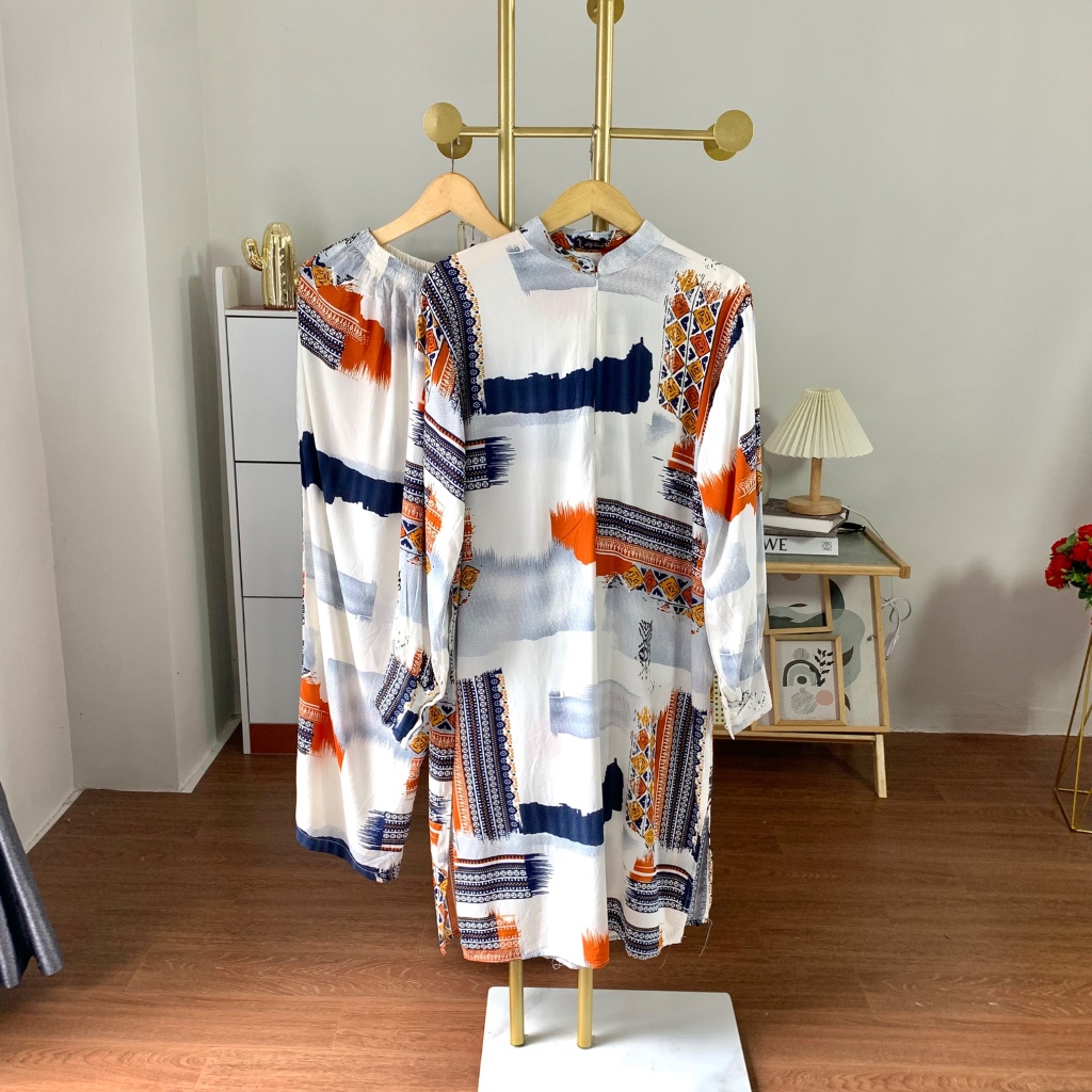 One set tunik jumbo motif rayon setelan tunik kaia raya motif