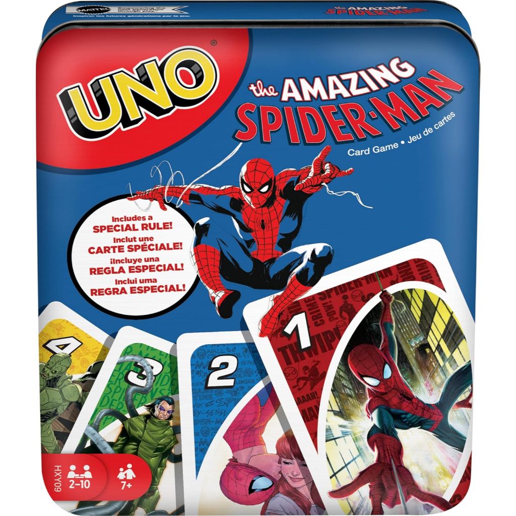 Mattel Games UNO The Amazing Spider-Man Card Game in Storage & Travel Tin for Kids, Adults & Family 