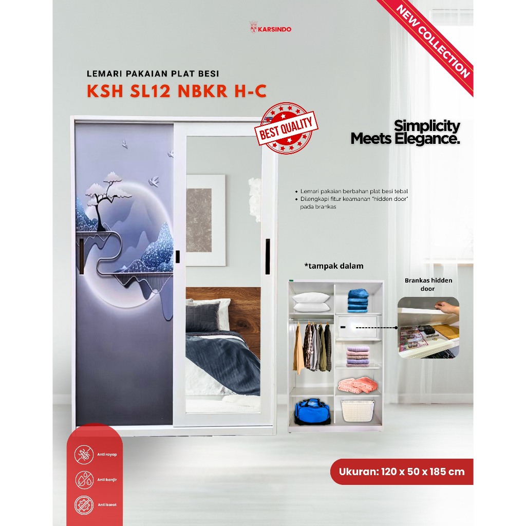 KARSINDO Lemari Besi / Lemari Pakaian 2 Pintu Sliding / Lemari Baju Minimalis KSHNBKR