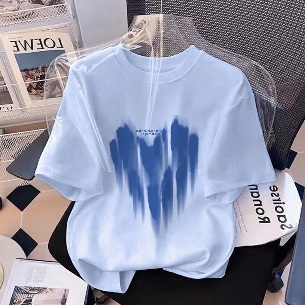 XZHAINV Kaos lengan pendek cetak hati biru wanita Korea/pakaian wanita gaya modern/atasan biru modis