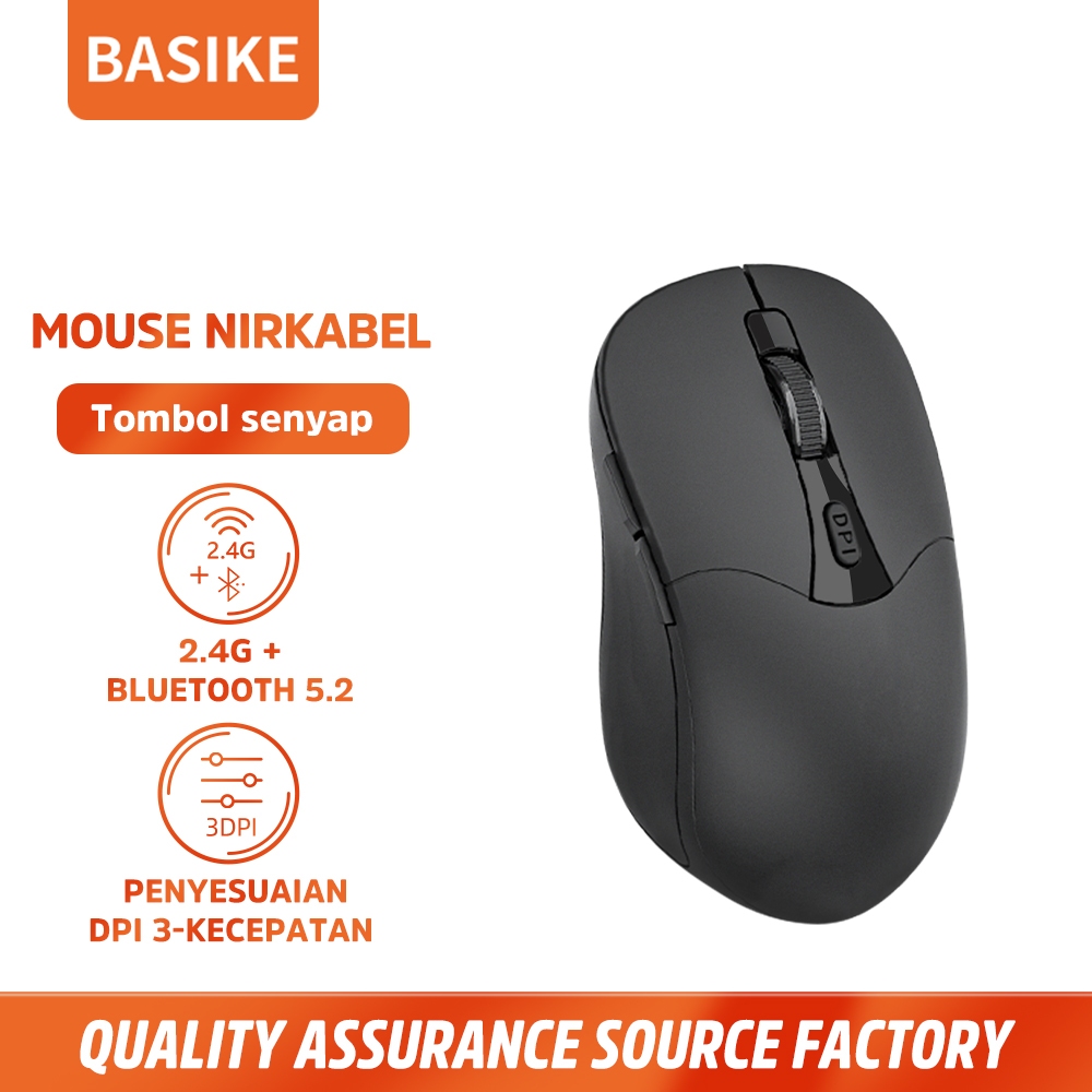 BASIKE Mouse Wireless Bluetooth 5.2+2.4Ghz Senyap 3 DPI Tipe C Diisi Ulang untuk PC Laptop Computer